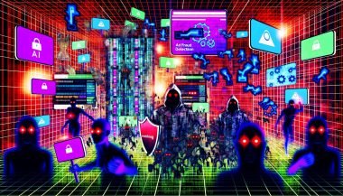 Digitale Collage mit Quora-Logo, Werbebannern, Bots, KI-Netzwerken, und einem Marketer, der Ad Fraud mit einem Schild abwehrt, alles in einem cyberpunkartigen, dystopischen Stil.