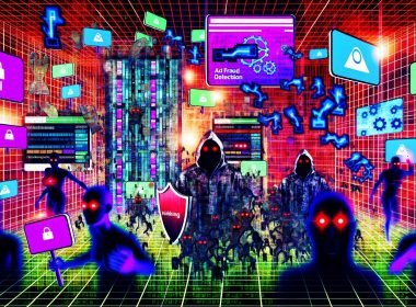 Digitale Collage mit Quora-Logo, Werbebannern, Bots, KI-Netzwerken, und einem Marketer, der Ad Fraud mit einem Schild abwehrt, alles in einem cyberpunkartigen, dystopischen Stil.