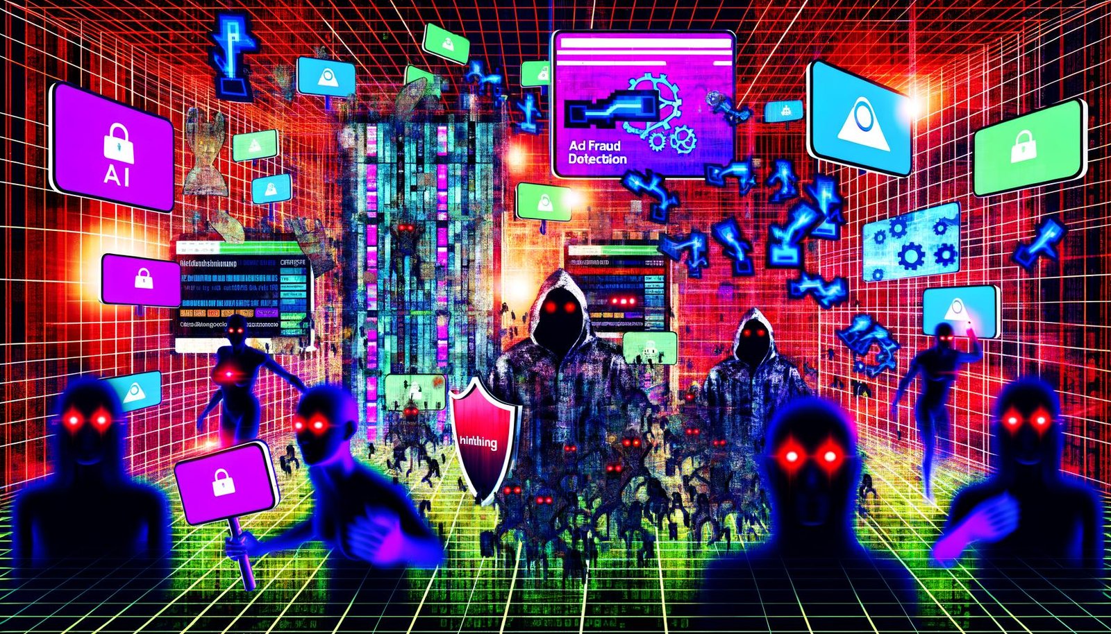 Digitale Collage mit Quora-Logo, Werbebannern, Bots, KI-Netzwerken, und einem Marketer, der Ad Fraud mit einem Schild abwehrt, alles in einem cyberpunkartigen, dystopischen Stil.