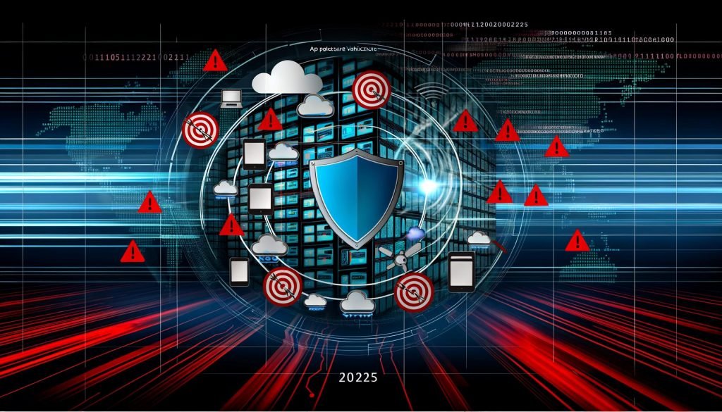 Moderne Grafik zu Datensicherheit 2025 mit vernetzter App-Architektur, Symbolen für Server, Cloud und Datenbanken, roten Warnzeichen und großem leuchtendem Schutzschild auf digitalem Hintergrund mit Code und Binärmuster.