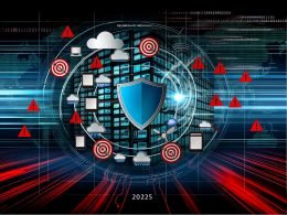 Moderne Grafik zu Datensicherheit 2025 mit vernetzter App-Architektur, Symbolen für Server, Cloud und Datenbanken, roten Warnzeichen und großem leuchtendem Schutzschild auf digitalem Hintergrund mit Code und Binärmuster.