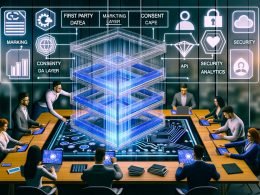 Futuristische Schreibtischszene mit Digitalboard, verknüpften Netzwerk-Daten, Consent-Häkchen und spezialisierten Business-Fachleuten, die Komponenten wie Data Layer, Consent, API, Security und Analytics zu einer stabilen First-Party-Datenstruktur zusammenlegen.