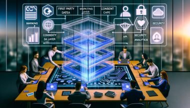 Futuristische Schreibtischszene mit Digitalboard, verknüpften Netzwerk-Daten, Consent-Häkchen und spezialisierten Business-Fachleuten, die Komponenten wie Data Layer, Consent, API, Security und Analytics zu einer stabilen First-Party-Datenstruktur zusammenlegen.
