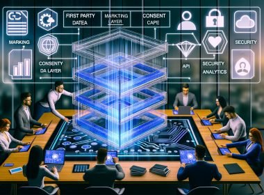 Futuristische Schreibtischszene mit Digitalboard, verknüpften Netzwerk-Daten, Consent-Häkchen und spezialisierten Business-Fachleuten, die Komponenten wie Data Layer, Consent, API, Security und Analytics zu einer stabilen First-Party-Datenstruktur zusammenlegen.