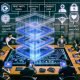 Futuristische Schreibtischszene mit Digitalboard, verknüpften Netzwerk-Daten, Consent-Häkchen und spezialisierten Business-Fachleuten, die Komponenten wie Data Layer, Consent, API, Security und Analytics zu einer stabilen First-Party-Datenstruktur zusammenlegen.