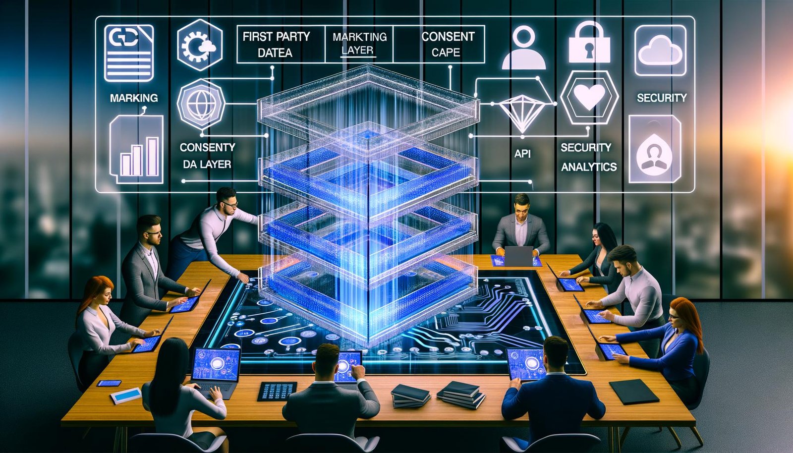 Futuristische Schreibtischszene mit Digitalboard, verknüpften Netzwerk-Daten, Consent-Häkchen und spezialisierten Business-Fachleuten, die Komponenten wie Data Layer, Consent, API, Security und Analytics zu einer stabilen First-Party-Datenstruktur zusammenlegen.