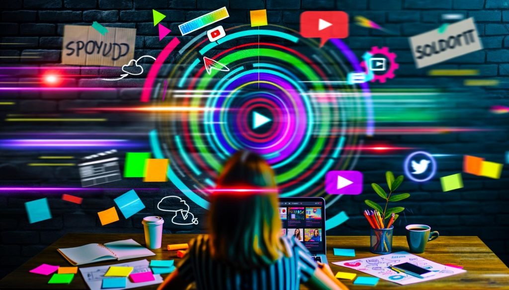 Junge Person (unisex, 20–30 Jahre) arbeitet an Laptop in kreativem Workspace, mit Post-its, Storyboard-Skizzen, Kaffee und leuchtendem, holografischem Storyboard. Social Media Icons und Neonfarben betonen Innovationsgeist.