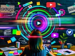 Junge Person (unisex, 20–30 Jahre) arbeitet an Laptop in kreativem Workspace, mit Post-its, Storyboard-Skizzen, Kaffee und leuchtendem, holografischem Storyboard. Social Media Icons und Neonfarben betonen Innovationsgeist.