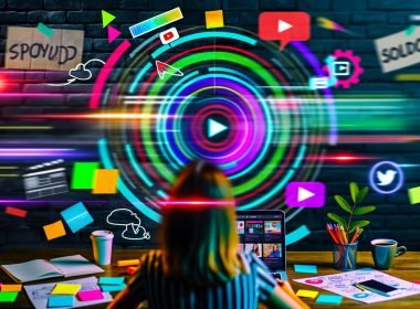 Junge Person (unisex, 20–30 Jahre) arbeitet an Laptop in kreativem Workspace, mit Post-its, Storyboard-Skizzen, Kaffee und leuchtendem, holografischem Storyboard. Social Media Icons und Neonfarben betonen Innovationsgeist.