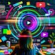 Junge Person (unisex, 20–30 Jahre) arbeitet an Laptop in kreativem Workspace, mit Post-its, Storyboard-Skizzen, Kaffee und leuchtendem, holografischem Storyboard. Social Media Icons und Neonfarben betonen Innovationsgeist.