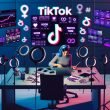 Moderner Workspace mit Marketer beim Schneiden eines TikTok-Videos, Smartphones, Ringlichtern und Bildschirmen mit TikTok-Analysen und Hashtags.