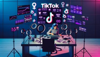 Moderner Workspace mit Marketer beim Schneiden eines TikTok-Videos, Smartphones, Ringlichtern und Bildschirmen mit TikTok-Analysen und Hashtags.