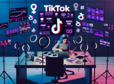 Moderner Workspace mit Marketer beim Schneiden eines TikTok-Videos, Smartphones, Ringlichtern und Bildschirmen mit TikTok-Analysen und Hashtags.