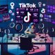 Moderner Workspace mit Marketer beim Schneiden eines TikTok-Videos, Smartphones, Ringlichtern und Bildschirmen mit TikTok-Analysen und Hashtags.