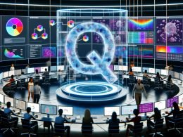 Futuristisches Kontrollzentrum mit Strategen und digitalen Marketers, die Daten auf transparenten Touchscreens und einem 3D-Hologramm des Quora-Logos analysieren. Im Hintergrund bunte Heatmaps und interaktive Statistiken.