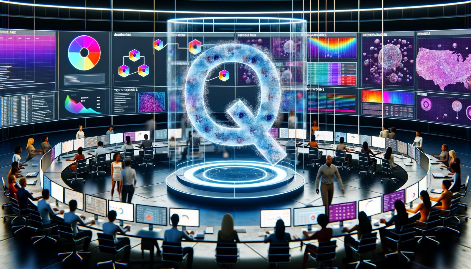 Futuristisches Kontrollzentrum mit Strategen und digitalen Marketers, die Daten auf transparenten Touchscreens und einem 3D-Hologramm des Quora-Logos analysieren. Im Hintergrund bunte Heatmaps und interaktive Statistiken.