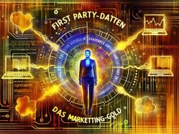 Modernes, energiegeladenes Titelbild mit Marketer, goldenen Datenströmen zwischen digitalen Geräten, Symbolen für Datenschutz und zerfallenden Cookies als Hintergrund.
