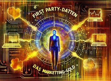 Modernes, energiegeladenes Titelbild mit Marketer, goldenen Datenströmen zwischen digitalen Geräten, Symbolen für Datenschutz und zerfallenden Cookies als Hintergrund.