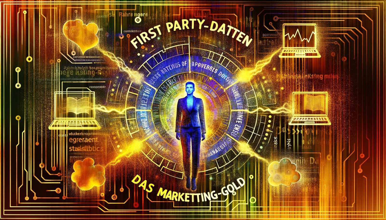 Modernes, energiegeladenes Titelbild mit Marketer, goldenen Datenströmen zwischen digitalen Geräten, Symbolen für Datenschutz und zerfallenden Cookies als Hintergrund.