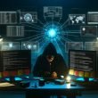 Nachtszene: IT-Profi in Kapuzenjacke arbeitet an mehreren Monitoren mit Cybersecurity-Analysen, umgeben von Sicherheits-Hardware und Post-its an der Wand.