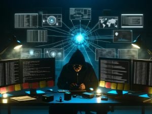 Nachtszene: IT-Profi in Kapuzenjacke arbeitet an mehreren Monitoren mit Cybersecurity-Analysen, umgeben von Sicherheits-Hardware und Post-its an der Wand.