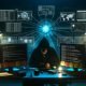 Nachtszene: IT-Profi in Kapuzenjacke arbeitet an mehreren Monitoren mit Cybersecurity-Analysen, umgeben von Sicherheits-Hardware und Post-its an der Wand.