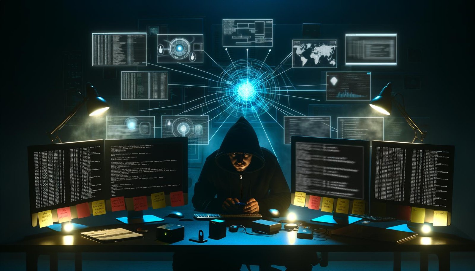 Nachtszene: IT-Profi in Kapuzenjacke arbeitet an mehreren Monitoren mit Cybersecurity-Analysen, umgeben von Sicherheits-Hardware und Post-its an der Wand.