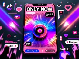 Modernes TikTok-Interface auf Smartphone mit auffälligem CTA-Button in pink-lila und neonblau, animierten Pfeilen, stylischen Emojis und Zuschauer-Avataren im energiegeladenen Magazin-Stil.