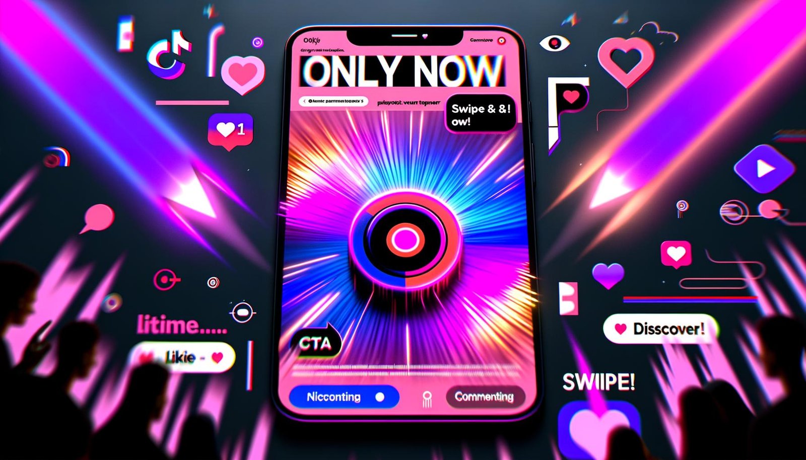 Modernes TikTok-Interface auf Smartphone mit auffälligem CTA-Button in pink-lila und neonblau, animierten Pfeilen, stylischen Emojis und Zuschauer-Avataren im energiegeladenen Magazin-Stil.