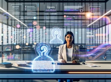 Fokussierter Performance-Marketer im modernen Büro vor Datenvisualisierungen, Quora Dashboard und KI-Grafiken, High-Tech Atmosphäre.