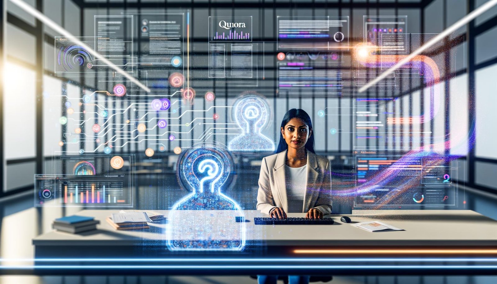 Fokussierter Performance-Marketer im modernen Büro vor Datenvisualisierungen, Quora Dashboard und KI-Grafiken, High-Tech Atmosphäre.