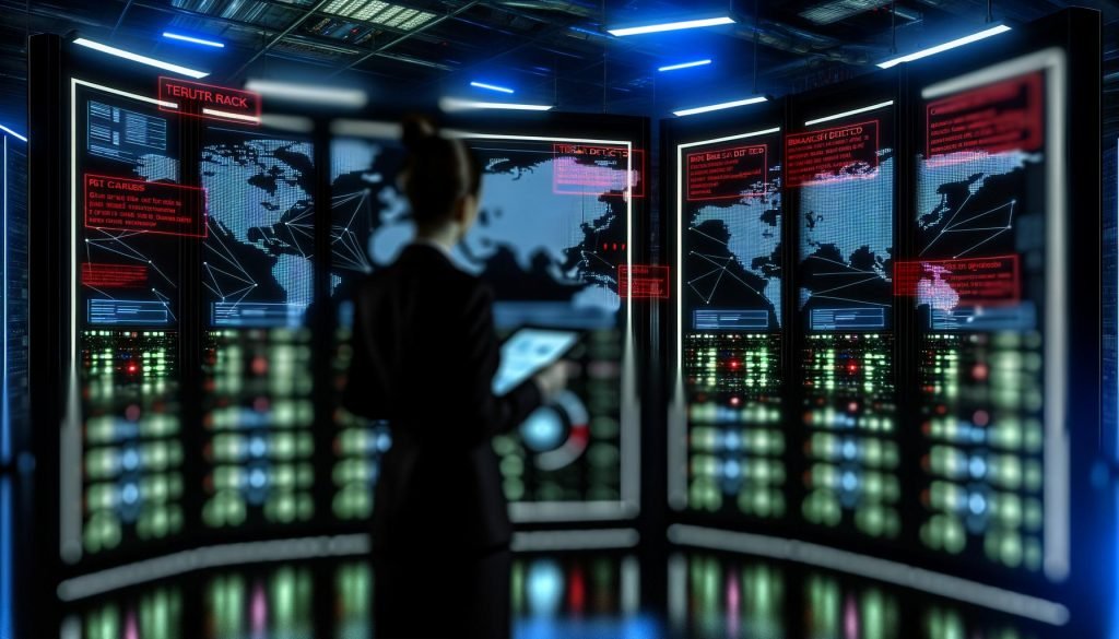 Futuristischer IT-Kontrollraum im Halbdunkel mit moderner Person vor Monitoren, die Cybersicherheits-Bedrohungen und Warnhinweise anzeigen. Verschwommene Serverracks und digitale Linien im Hintergrund erzeugen eine angespannte Atmosphäre.