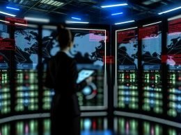 Futuristischer IT-Kontrollraum im Halbdunkel mit moderner Person vor Monitoren, die Cybersicherheits-Bedrohungen und Warnhinweise anzeigen. Verschwommene Serverracks und digitale Linien im Hintergrund erzeugen eine angespannte Atmosphäre.