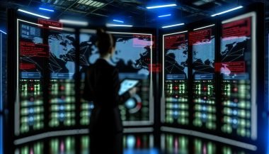 Futuristischer IT-Kontrollraum im Halbdunkel mit moderner Person vor Monitoren, die Cybersicherheits-Bedrohungen und Warnhinweise anzeigen. Verschwommene Serverracks und digitale Linien im Hintergrund erzeugen eine angespannte Atmosphäre.