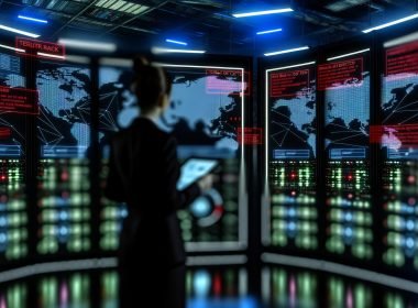 Futuristischer IT-Kontrollraum im Halbdunkel mit moderner Person vor Monitoren, die Cybersicherheits-Bedrohungen und Warnhinweise anzeigen. Verschwommene Serverracks und digitale Linien im Hintergrund erzeugen eine angespannte Atmosphäre.