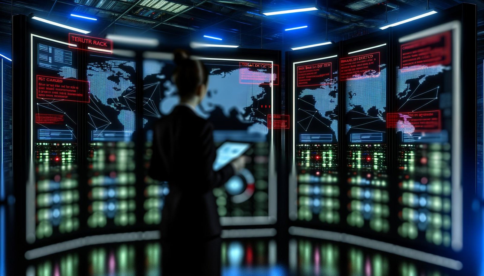 Futuristischer IT-Kontrollraum im Halbdunkel mit moderner Person vor Monitoren, die Cybersicherheits-Bedrohungen und Warnhinweise anzeigen. Verschwommene Serverracks und digitale Linien im Hintergrund erzeugen eine angespannte Atmosphäre.
