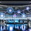 Illustration eines digitalen Kontrollraums mit großen transparenten Daten-Bildschirmen, verbundenen Plattformen und einem zentralen Datenschutz-Symbol, überwacht von diversen Fachleuten.