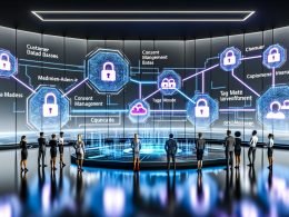Illustration eines digitalen Kontrollraums mit großen transparenten Daten-Bildschirmen, verbundenen Plattformen und einem zentralen Datenschutz-Symbol, überwacht von diversen Fachleuten.