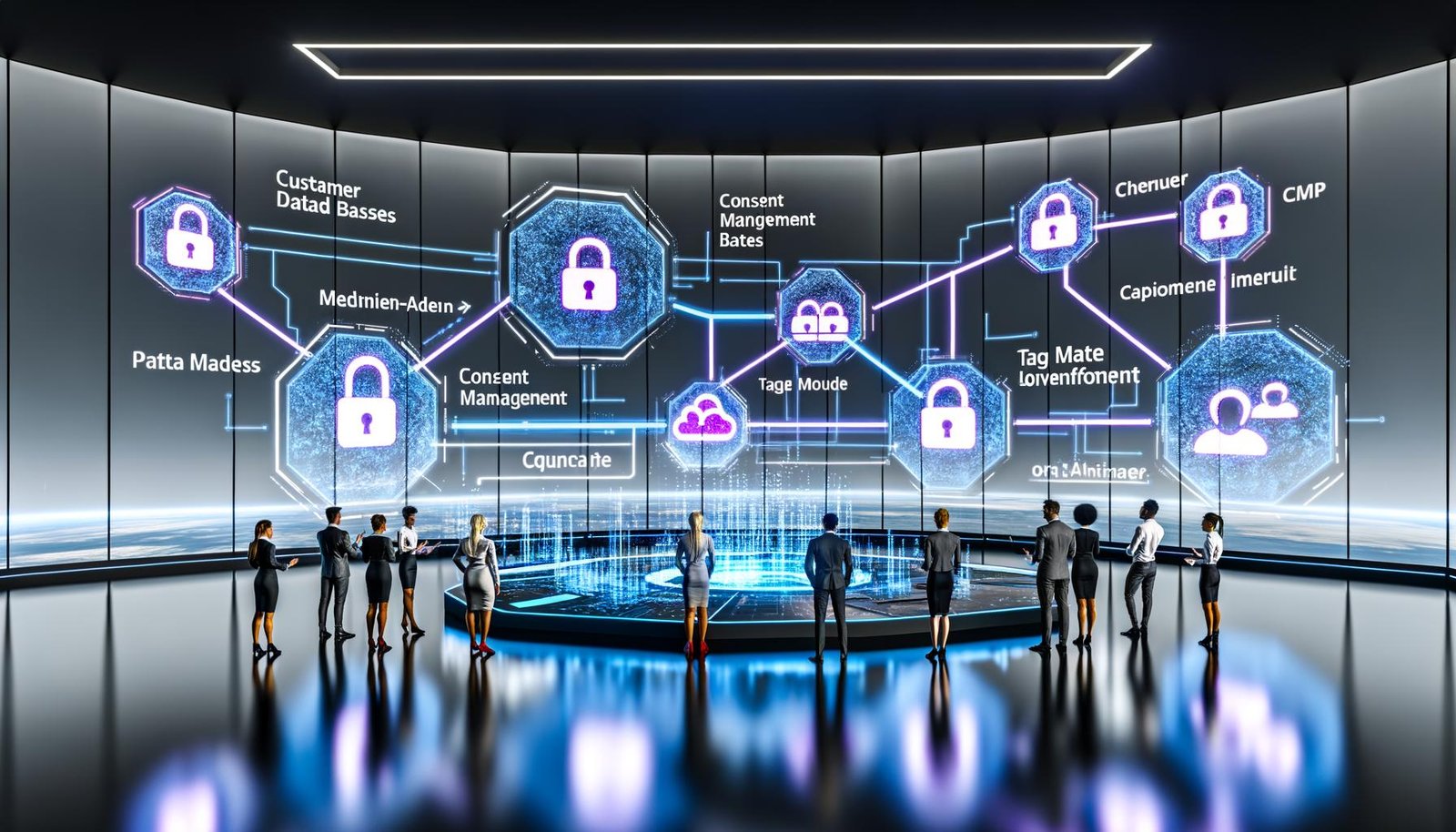 Illustration eines digitalen Kontrollraums mit großen transparenten Daten-Bildschirmen, verbundenen Plattformen und einem zentralen Datenschutz-Symbol, überwacht von diversen Fachleuten.