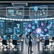 Konzentrierter Marketer richtet automatisierte Context Targeting Workflows im high-tech Büro mit Quora-Ads-Dashboard, Code, Machine-Learning-Grafiken und holografischen Themenclustern ein.