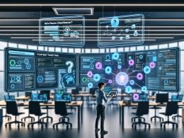 Konzentrierter Marketer richtet automatisierte Context Targeting Workflows im high-tech Büro mit Quora-Ads-Dashboard, Code, Machine-Learning-Grafiken und holografischen Themenclustern ein.