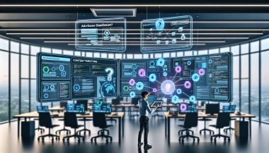 Konzentrierter Marketer richtet automatisierte Context Targeting Workflows im high-tech Büro mit Quora-Ads-Dashboard, Code, Machine-Learning-Grafiken und holografischen Themenclustern ein.