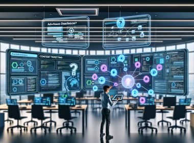 Konzentrierter Marketer richtet automatisierte Context Targeting Workflows im high-tech Büro mit Quora-Ads-Dashboard, Code, Machine-Learning-Grafiken und holografischen Themenclustern ein.