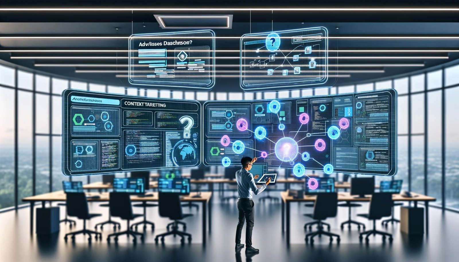 Konzentrierter Marketer richtet automatisierte Context Targeting Workflows im high-tech Büro mit Quora-Ads-Dashboard, Code, Machine-Learning-Grafiken und holografischen Themenclustern ein.