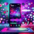 Smartphone mit offenem TikTok-Editor, bunten Layern, Effekten, Stickern und Social-Media-Statistiken in neonfarbenem Social-Media-Design.