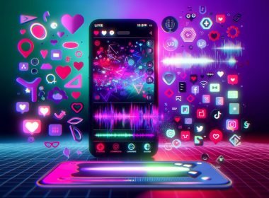 Smartphone mit offenem TikTok-Editor, bunten Layern, Effekten, Stickern und Social-Media-Statistiken in neonfarbenem Social-Media-Design.