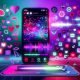 Smartphone mit offenem TikTok-Editor, bunten Layern, Effekten, Stickern und Social-Media-Statistiken in neonfarbenem Social-Media-Design.