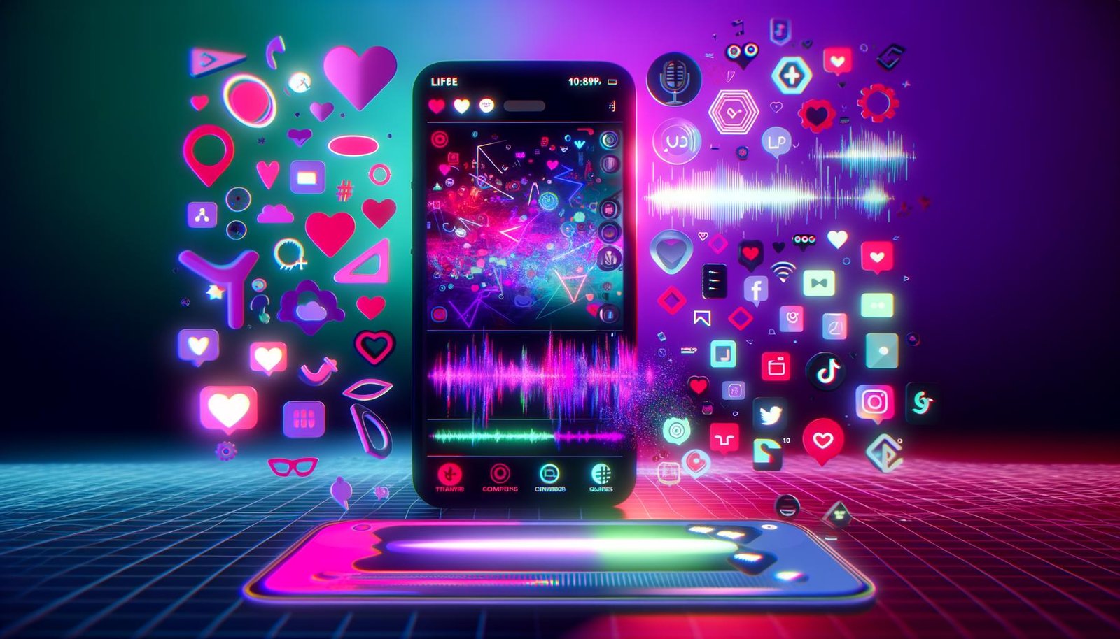 Smartphone mit offenem TikTok-Editor, bunten Layern, Effekten, Stickern und Social-Media-Statistiken in neonfarbenem Social-Media-Design.