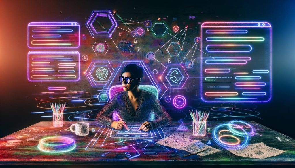 Futuristische und lebendige Illustration eines SEO-Texters im Jahr 2025 an einem modernen Arbeitsplatz mit digitalen Datenströmen und technischen Grafiken.