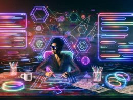 Futuristische und lebendige Illustration eines SEO-Texters im Jahr 2025 an einem modernen Arbeitsplatz mit digitalen Datenströmen und technischen Grafiken.